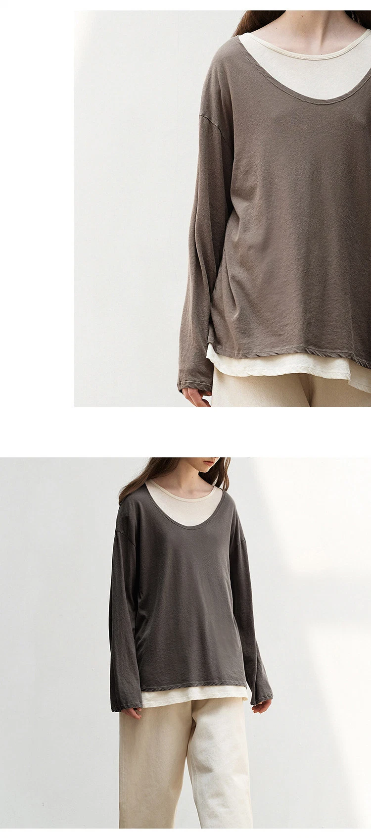 OEM Customized 2023 New High Quality Two-Piece Contrast Color Long-Sleeved Casual Round Neck Pullover T-Shirt/T-Shirts/T Shirt/Clothing/Garment/Apparel/Clthes