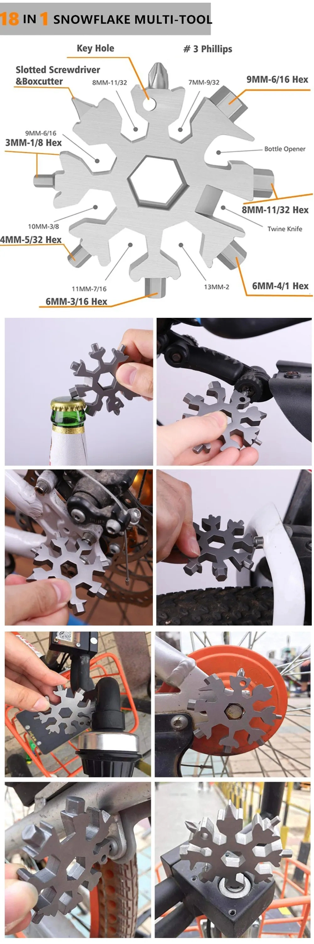 Snowflake Multifunction Tools, 18 in 1 Snowflake Multi Tool, Portable Outdoor Key Chain Multitool, Promotional Gift Snowflake Multitool